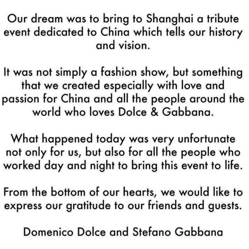 Dolce & Gabbana, crolla l'impero cinese. Comunicato stampa 