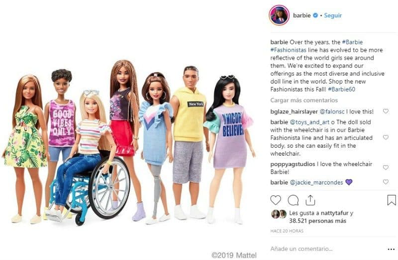 Barbie inclusiva, Mattel per il sociale. Post Instagram Barbie inclusiva 