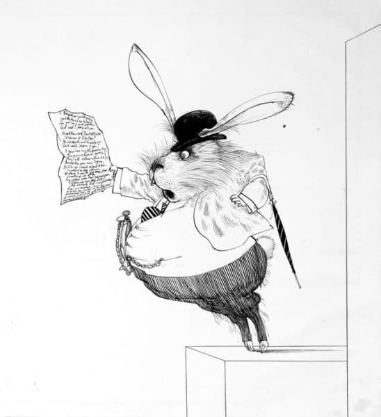 Original drawing of the White Rabbit for the series Alice in Wonderland, Ralph Steadman, 1967