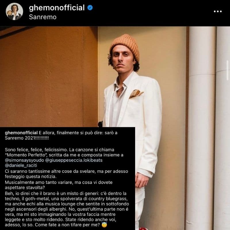 Ghemon su Instagram parla della sua partecipazione a Sanremo 2021